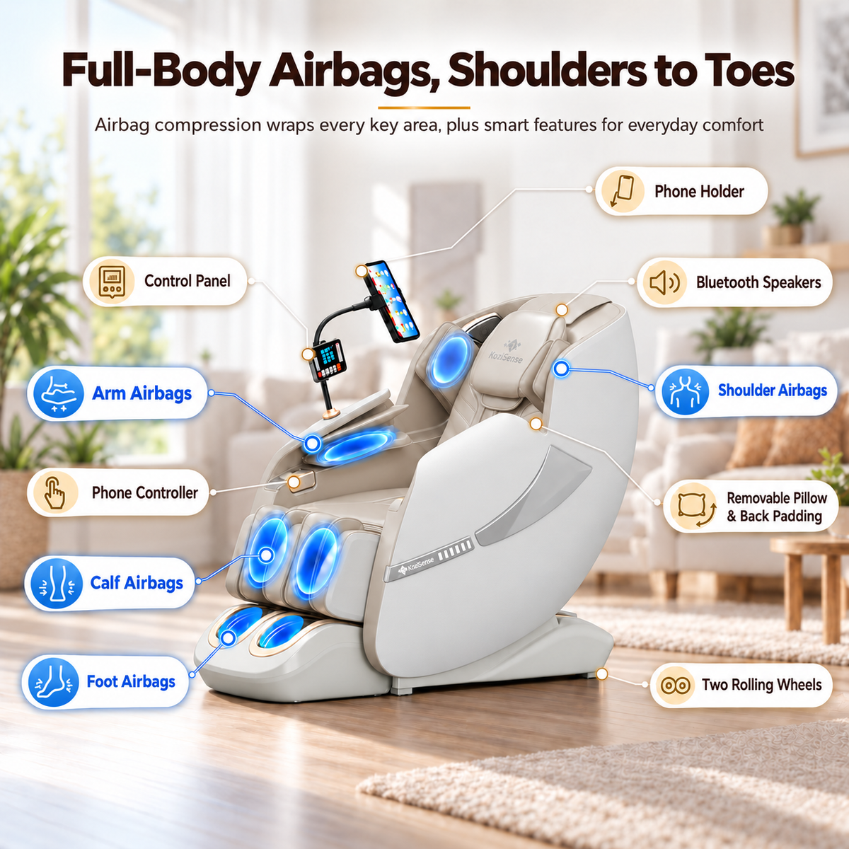 KoziSense KZ-A18 3D SL Track Massage Chair | Full Body Zero Gravity, No Assembly Required, Back Pain Relief - (White)