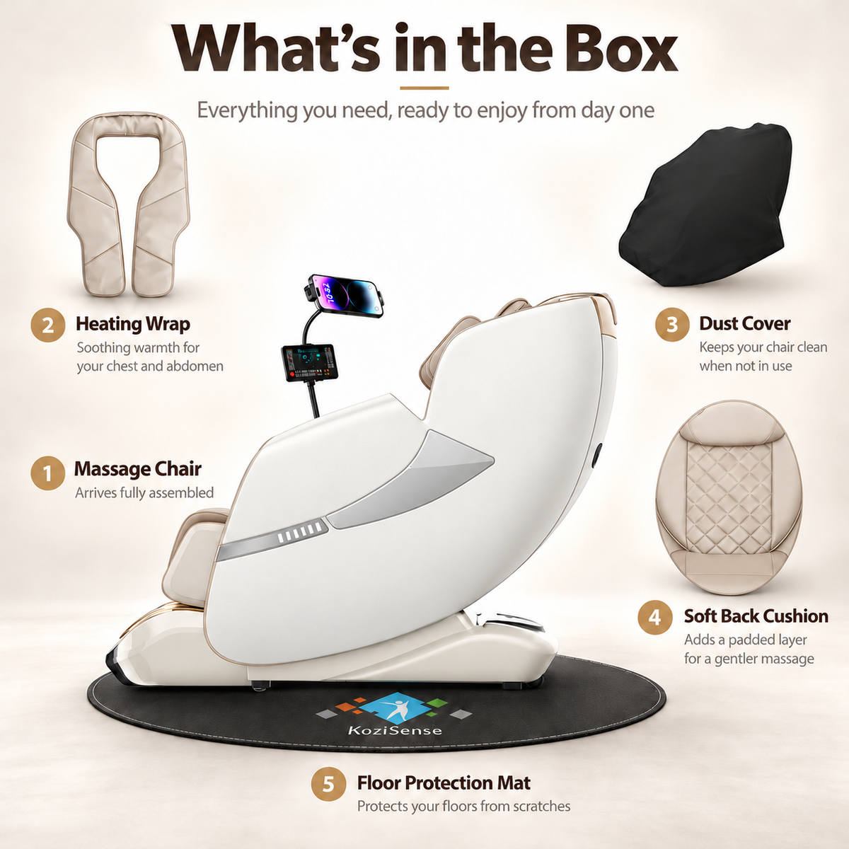 KoziSense KZ-A18 3D SL Track Massage Chair | Full Body Zero Gravity, No Assembly Required, Back Pain Relief - (White)