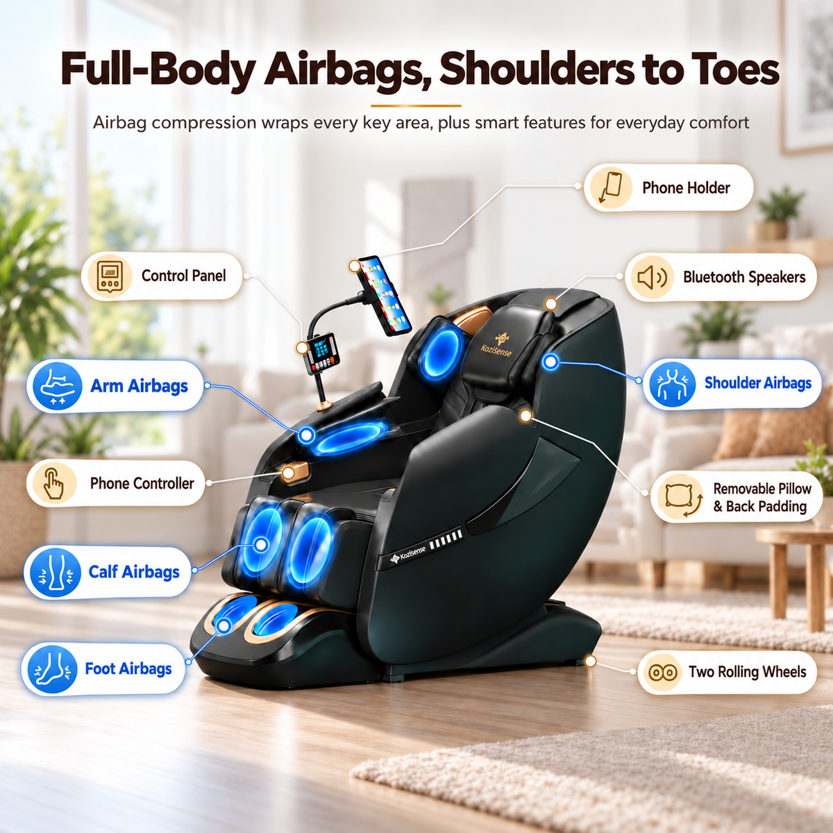 KoziSense KZ-A18 3D SL Track Massage Chair | Full Body Zero Gravity, No Assembly Required, Back Pain Relief - (All Black)