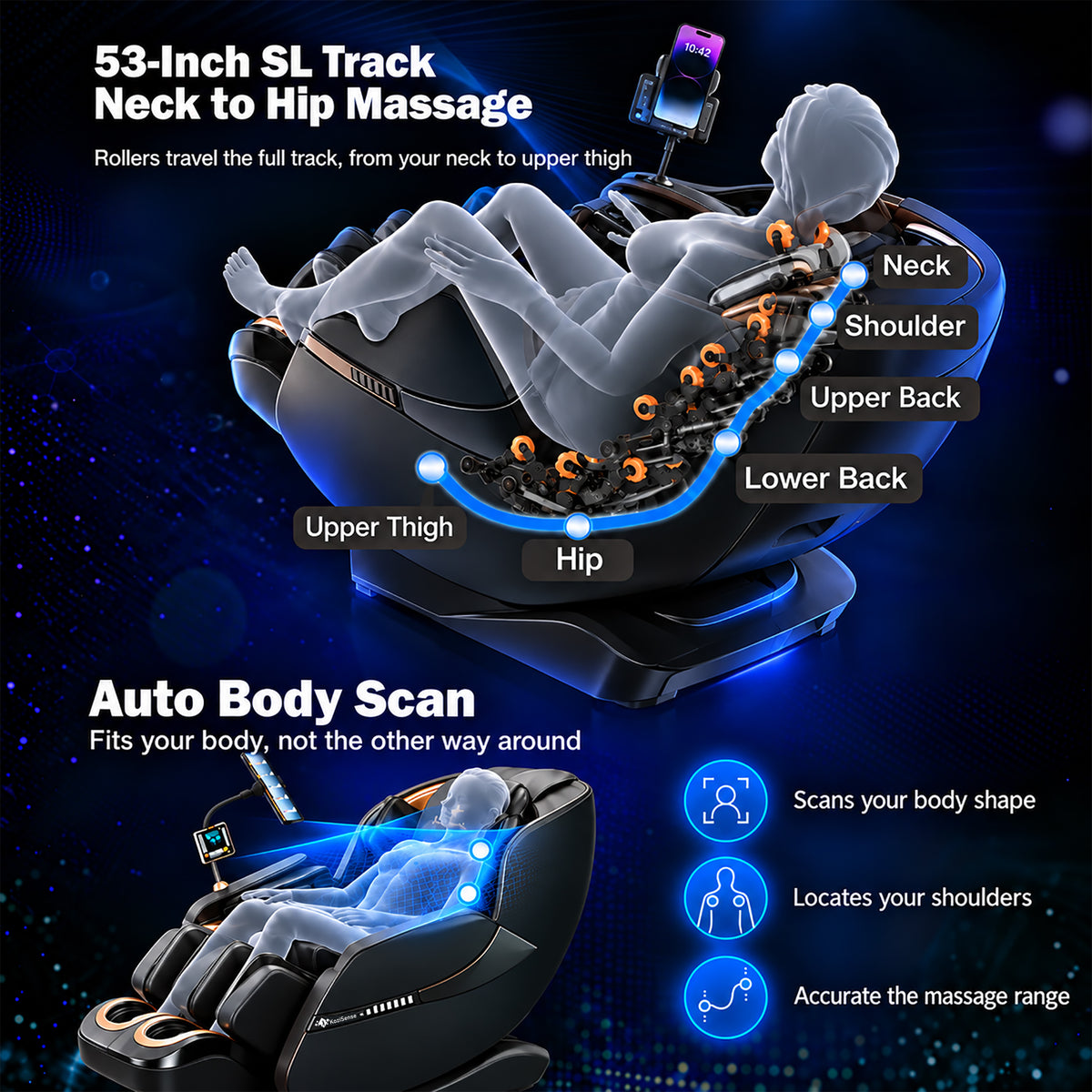 KoziSense KZ-A18 3D SL Track Massage Chair | Full Body Zero Gravity, No Assembly Required, Back Pain Relief - (All Black)