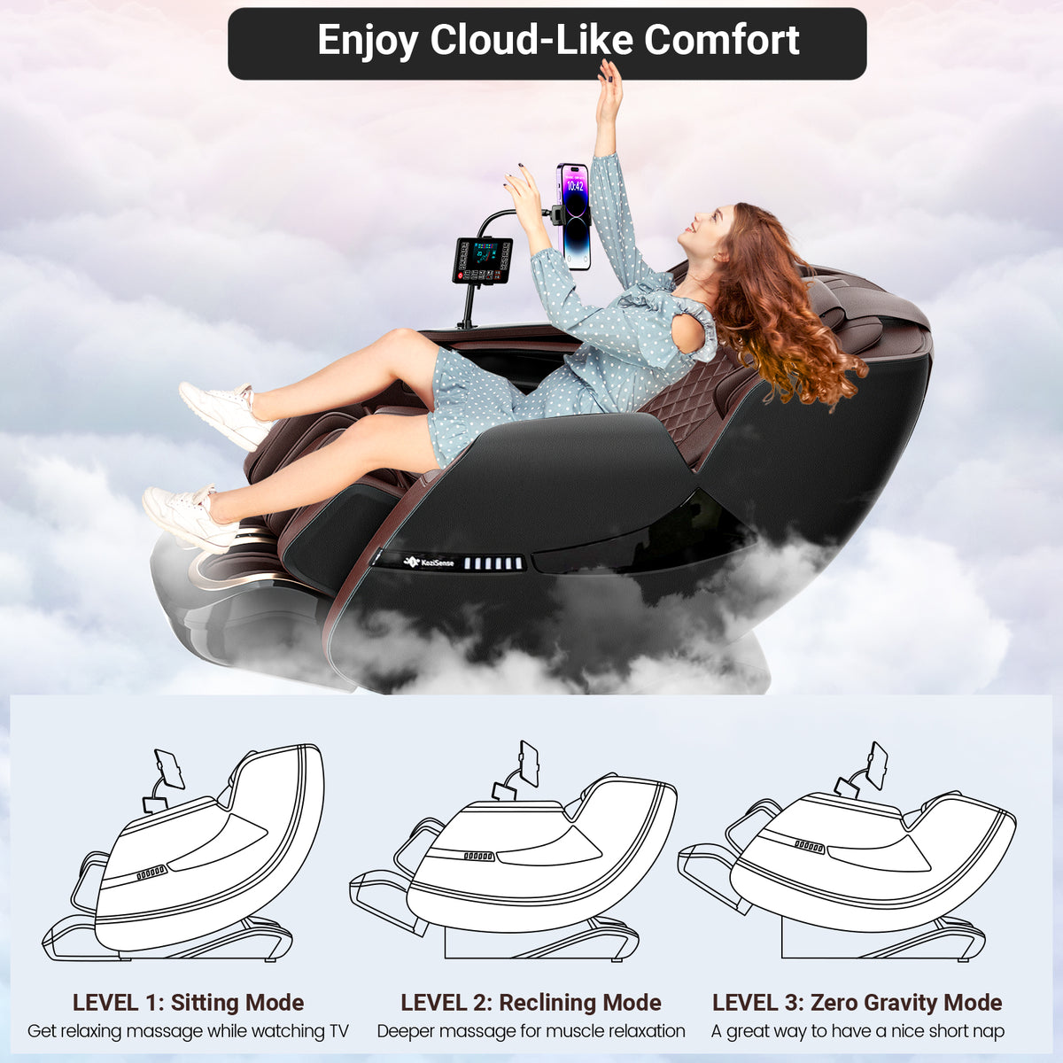 KoziSense KZ-A18 3D SL Track Massage Chair | Full Body Zero Gravity, No Assembly Required, Back Pain Relief - (Black and Brown)