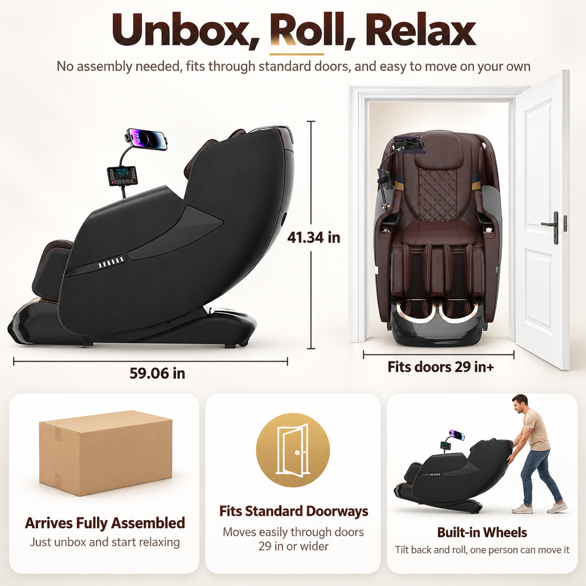 KoziSense KZ-A18 3D SL Track Massage Chair | Full Body Zero Gravity, No Assembly Required, Back Pain Relief - (Black and Brown)